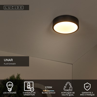 Lucide UNAR - Plafonnier - Ø 20 cm - LED 3 StepDim - 1x12W 2700K - Noir